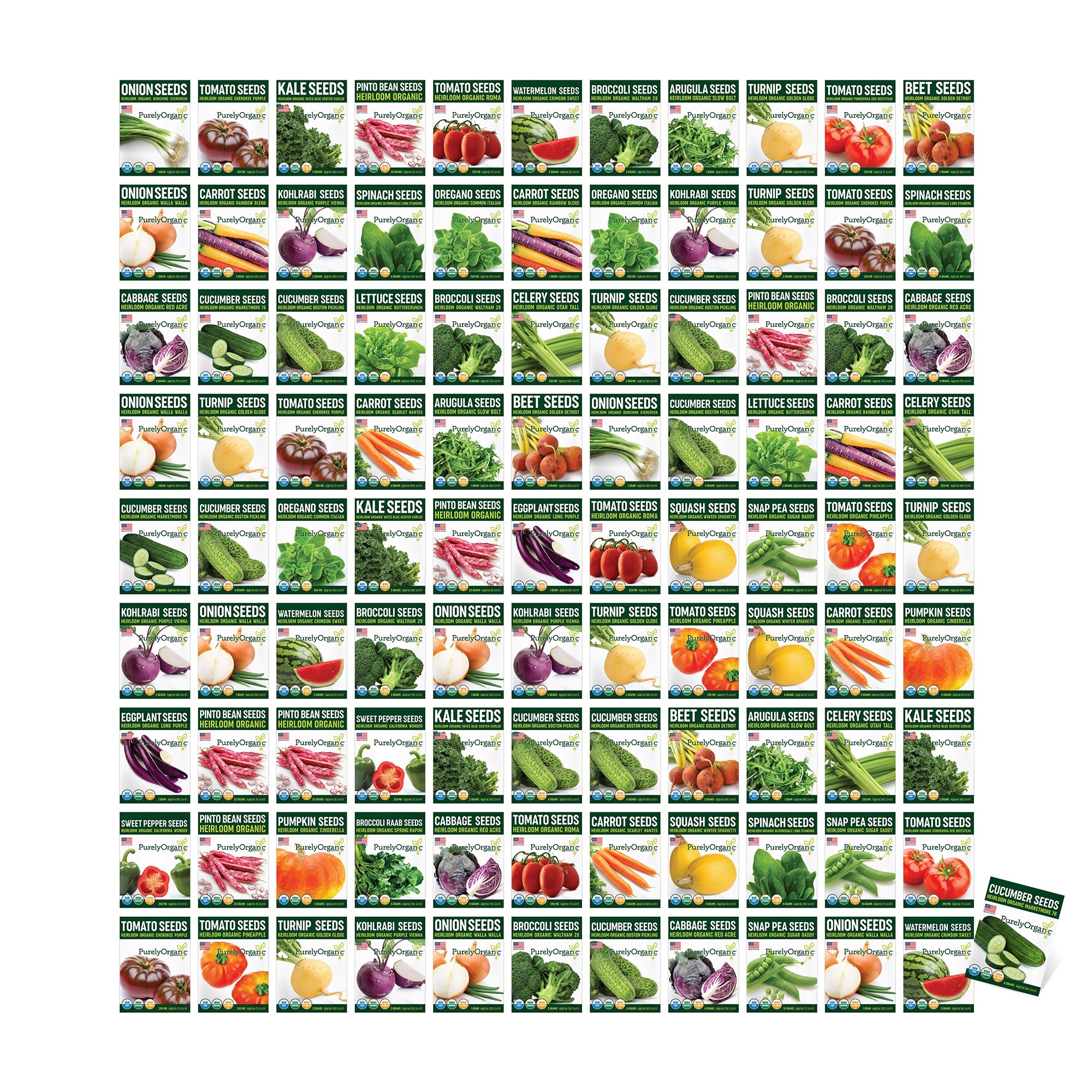 Grid of 100 vegetable seed packets
