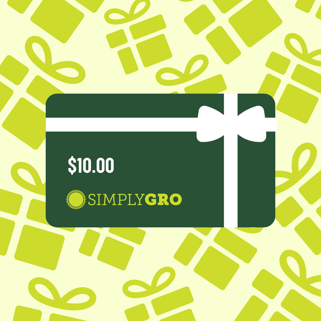 A graphic image of a green SimplyGro e-gift card with a white ribbon and bow on it, set against a patterned background.