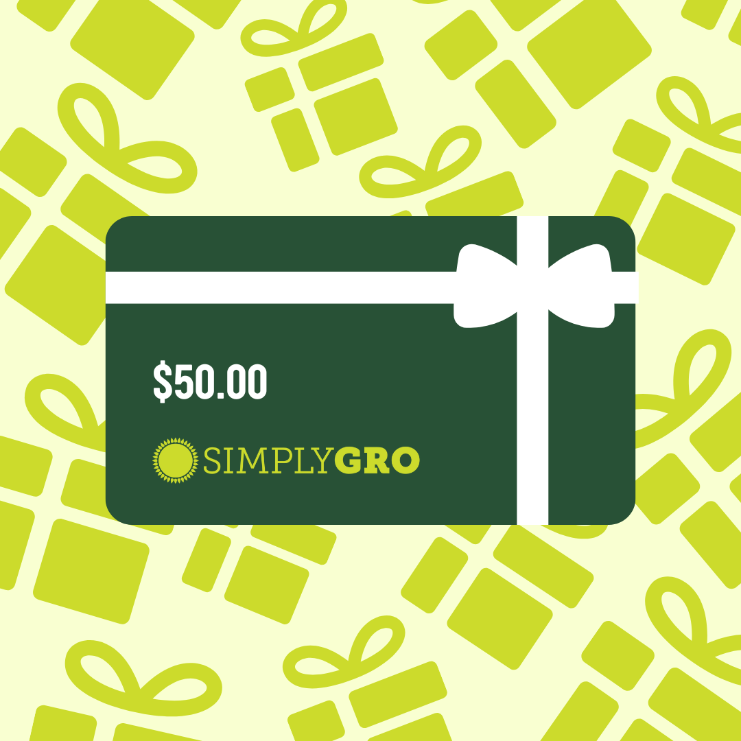 A graphic image of a green SimplyGro e-gift card with a white ribbon and bow on it, set against a patterned background.