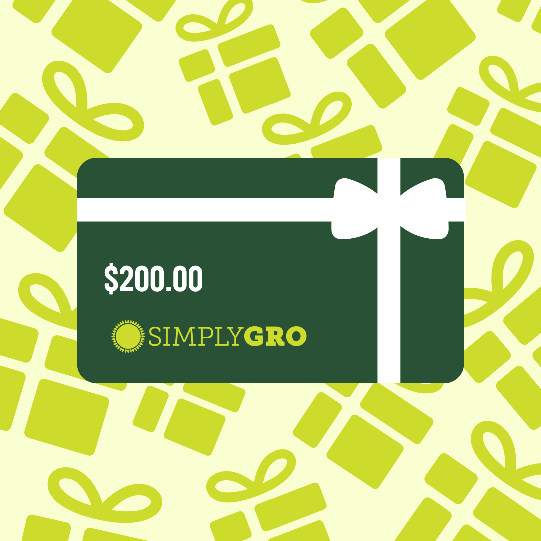 A graphic image of a green SimplyGro e-gift card with a white ribbon and bow on it, set against a patterned background.