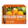 Box of Simply Gro Fertilizer Spikes for citrus and fruit with oranges and a spike on an orange background.