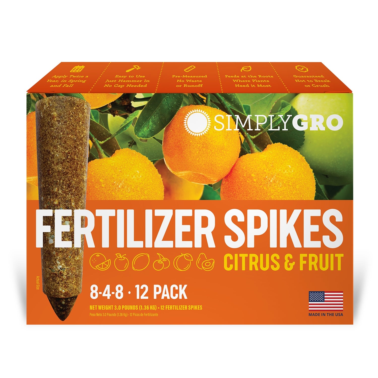 Box of Simply Gro Fertilizer Spikes for citrus and fruit with oranges and a spike on an orange background.