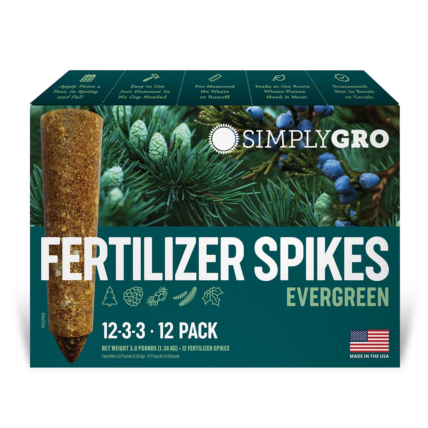 Box of SimplyGro Fertilizer Spikes Evergreen on a white background