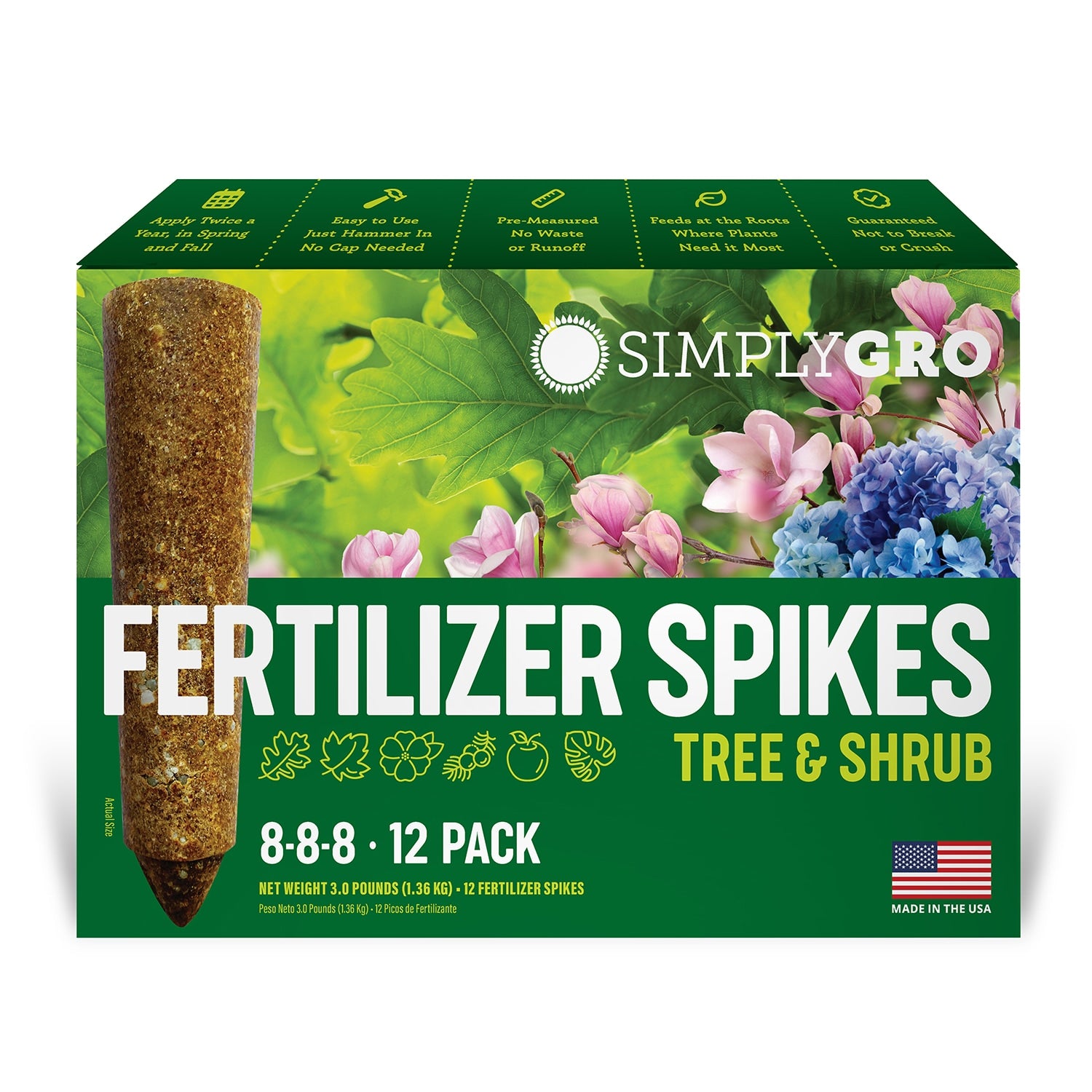 Box of Simply Gro fertilizer spikes for tree and shrub with green background and product image.