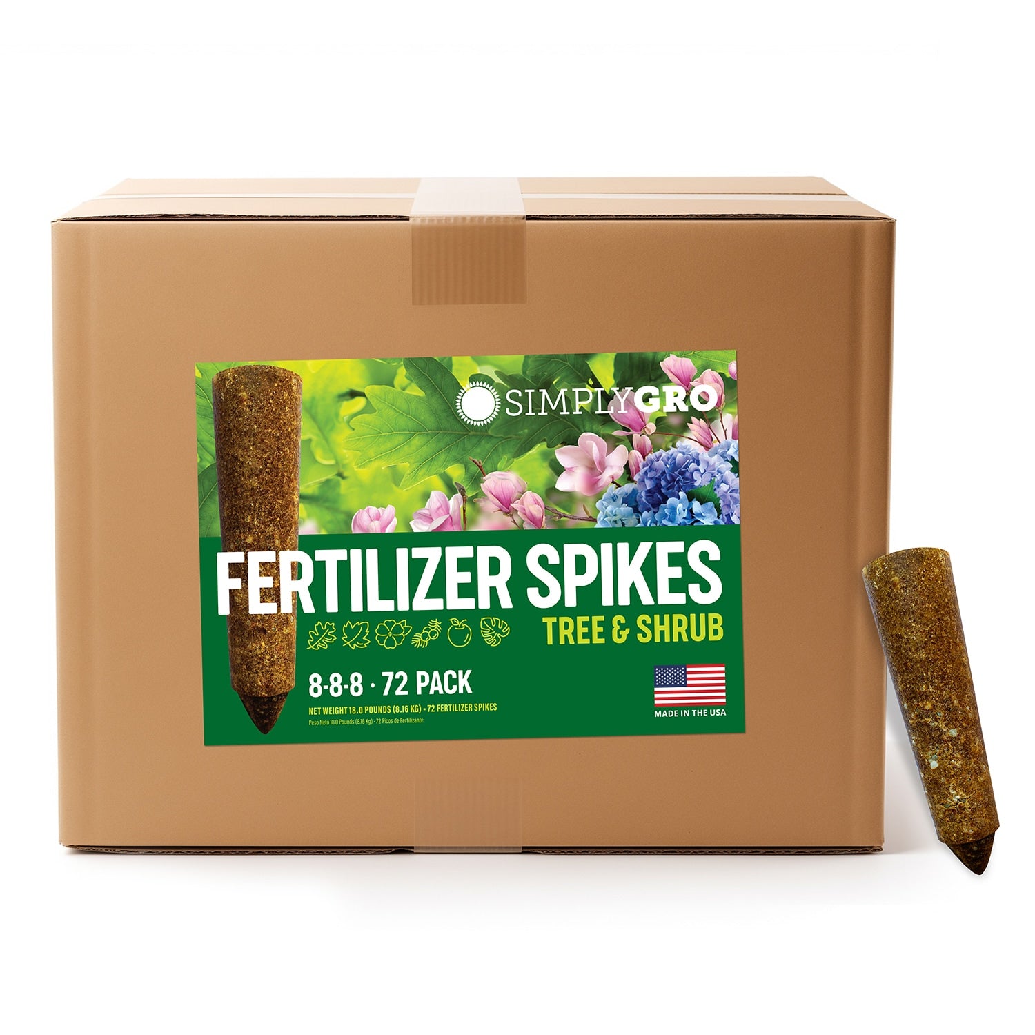 Packaging box of SimplyGro Fertilizer Spikes for Trees & Shrubs, displaying the product and its use for gardening.