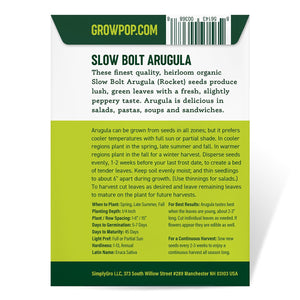 Purely Organic Slow Bolt Arugula Seeds - USDA Organic, Non-GMO, Open Pollinated, Heirloom, USA Origin, Vegetable Seeds