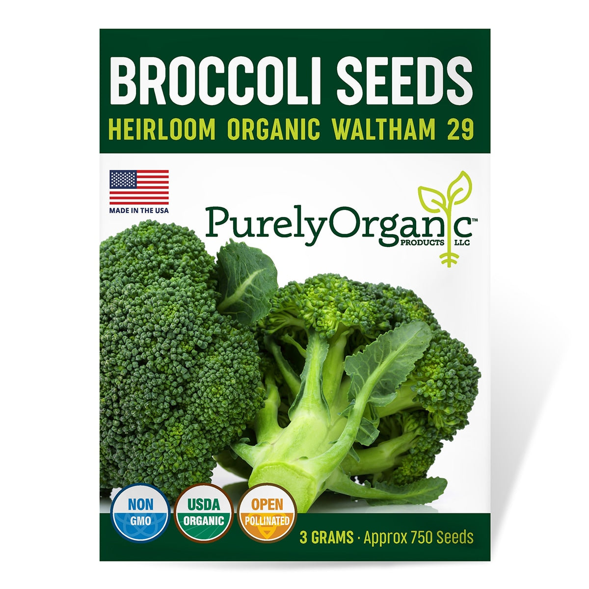 Package of Purely Organic Broccoli Seeds with green broccoli on a white background