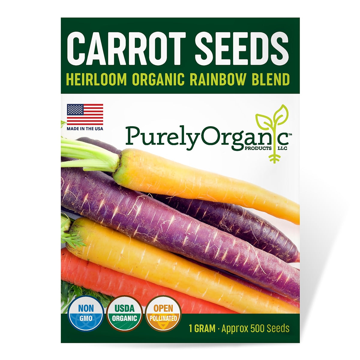 Carrot seeds package with colorful carrots and Purely Organic branding