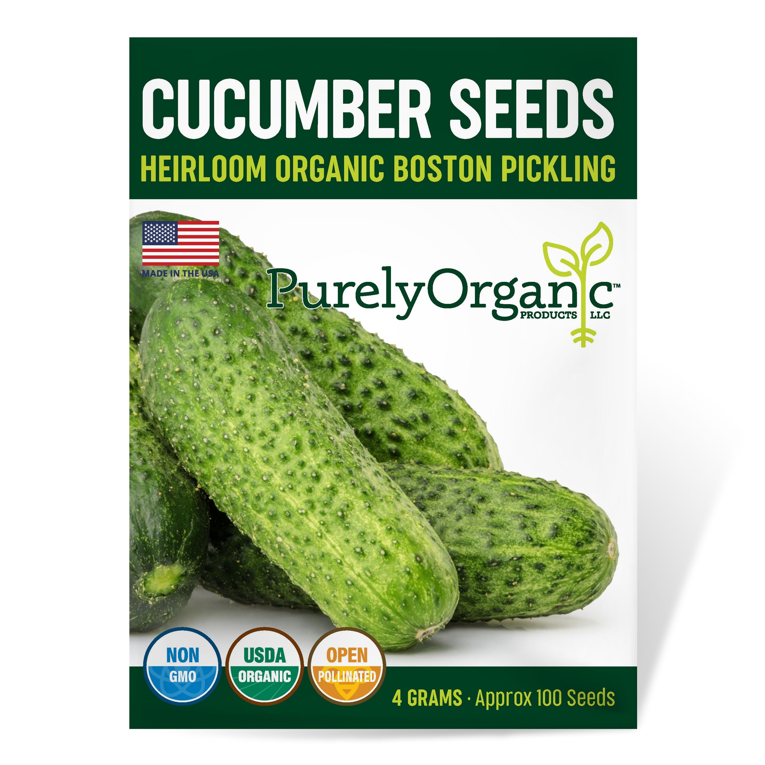 Package of Purely Organic Cucumber Seeds with images of cucumbers on a white background