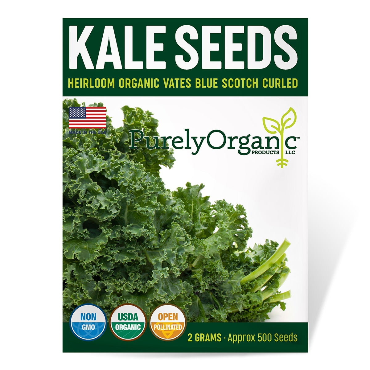 Kale seeds package with Purely Organic branding and kale image on a white background
