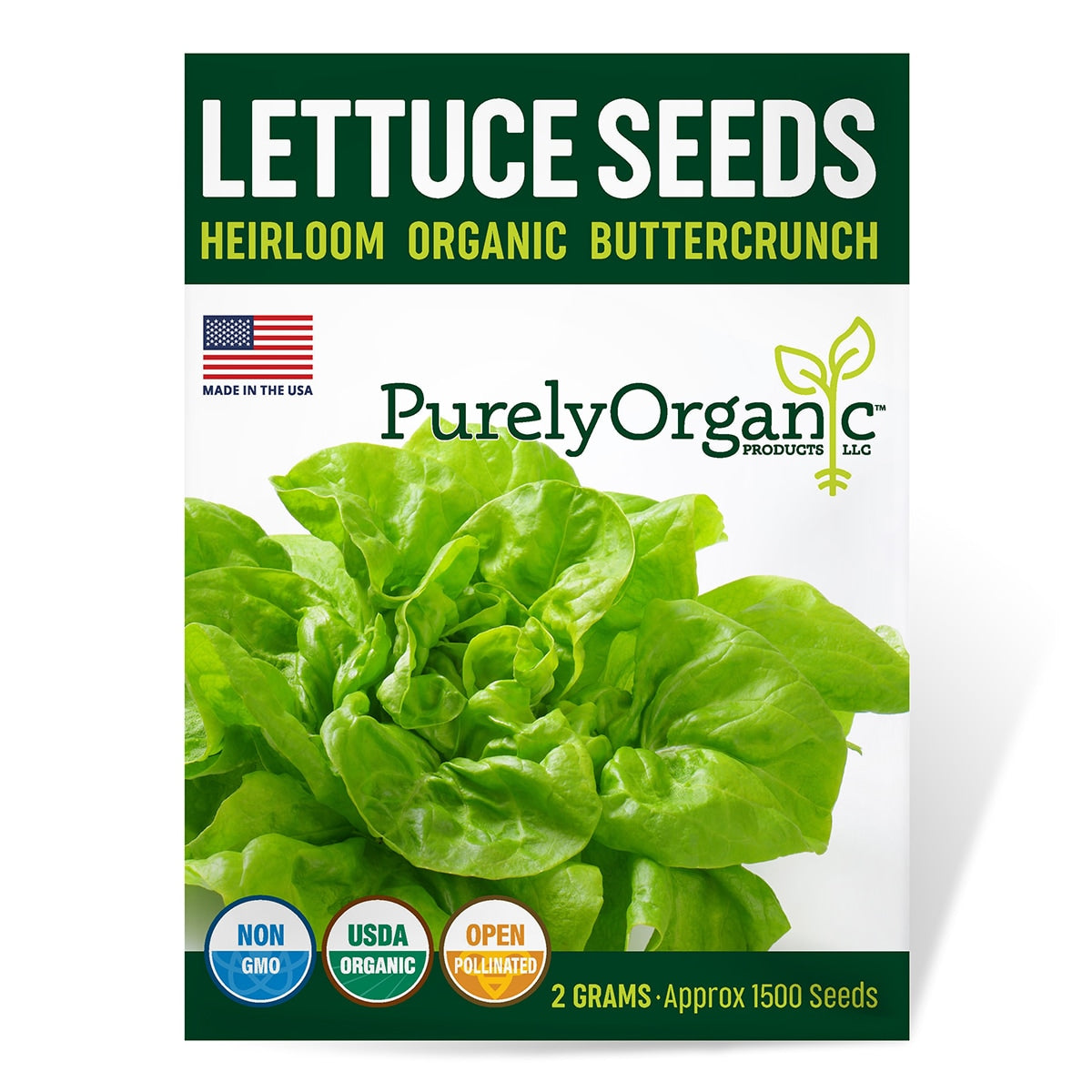 Package of Purely Organic Buttercrunch lettuce seeds with green leafy lettuce image on a white background.