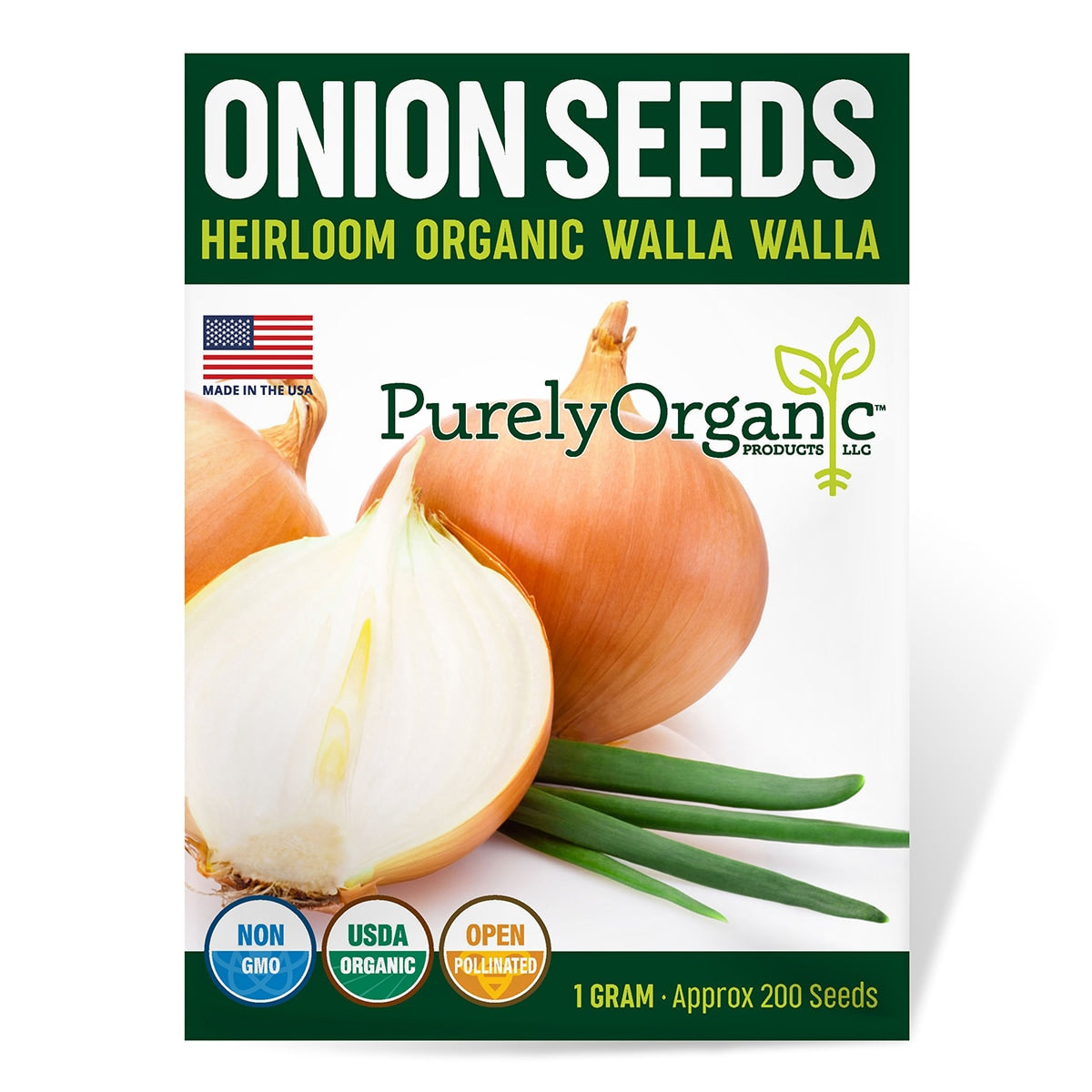 Purely Organic Onion Seeds packaging with onions and branding elements.