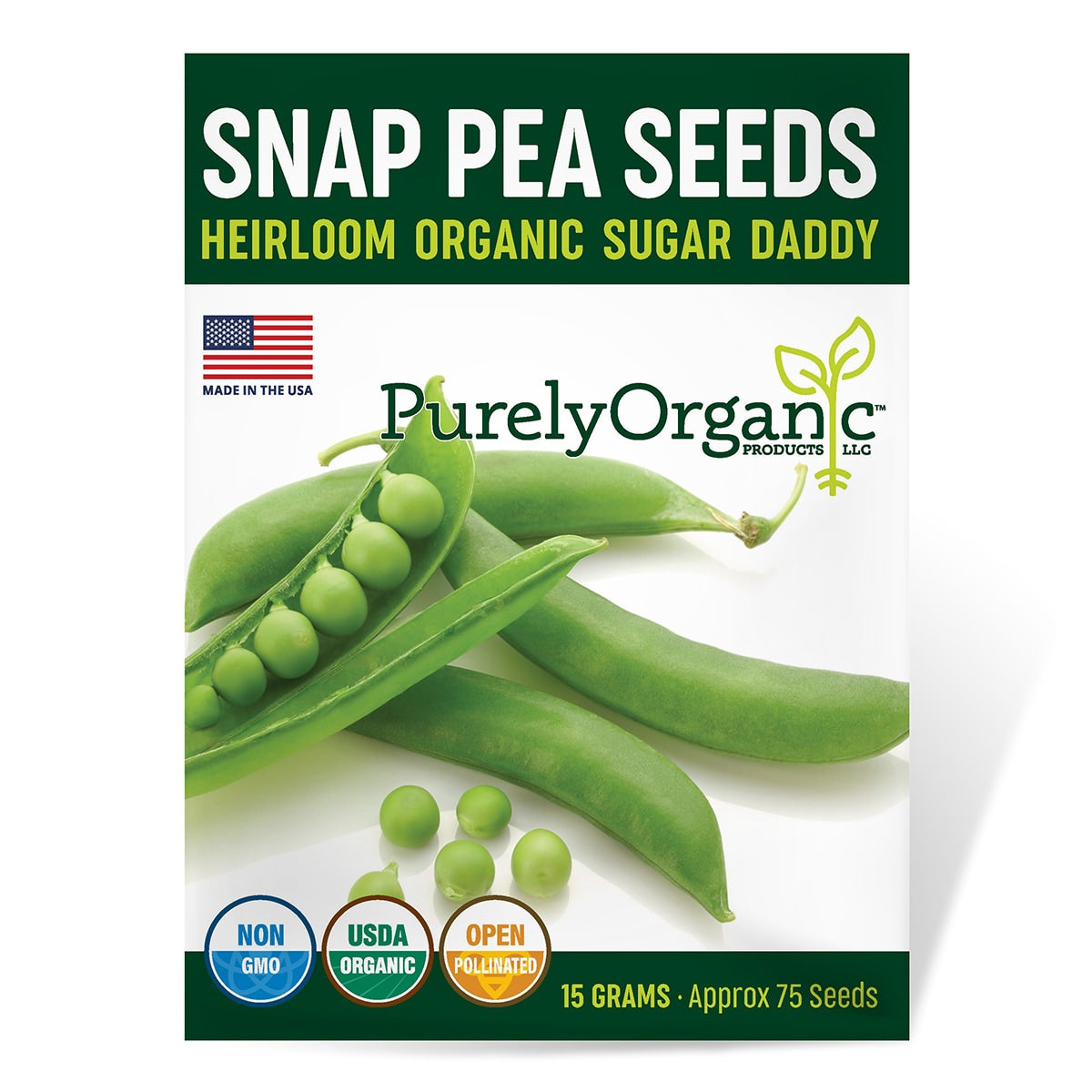 Purely Organic Snap Pea Seeds packaging with green peas and branding elements.