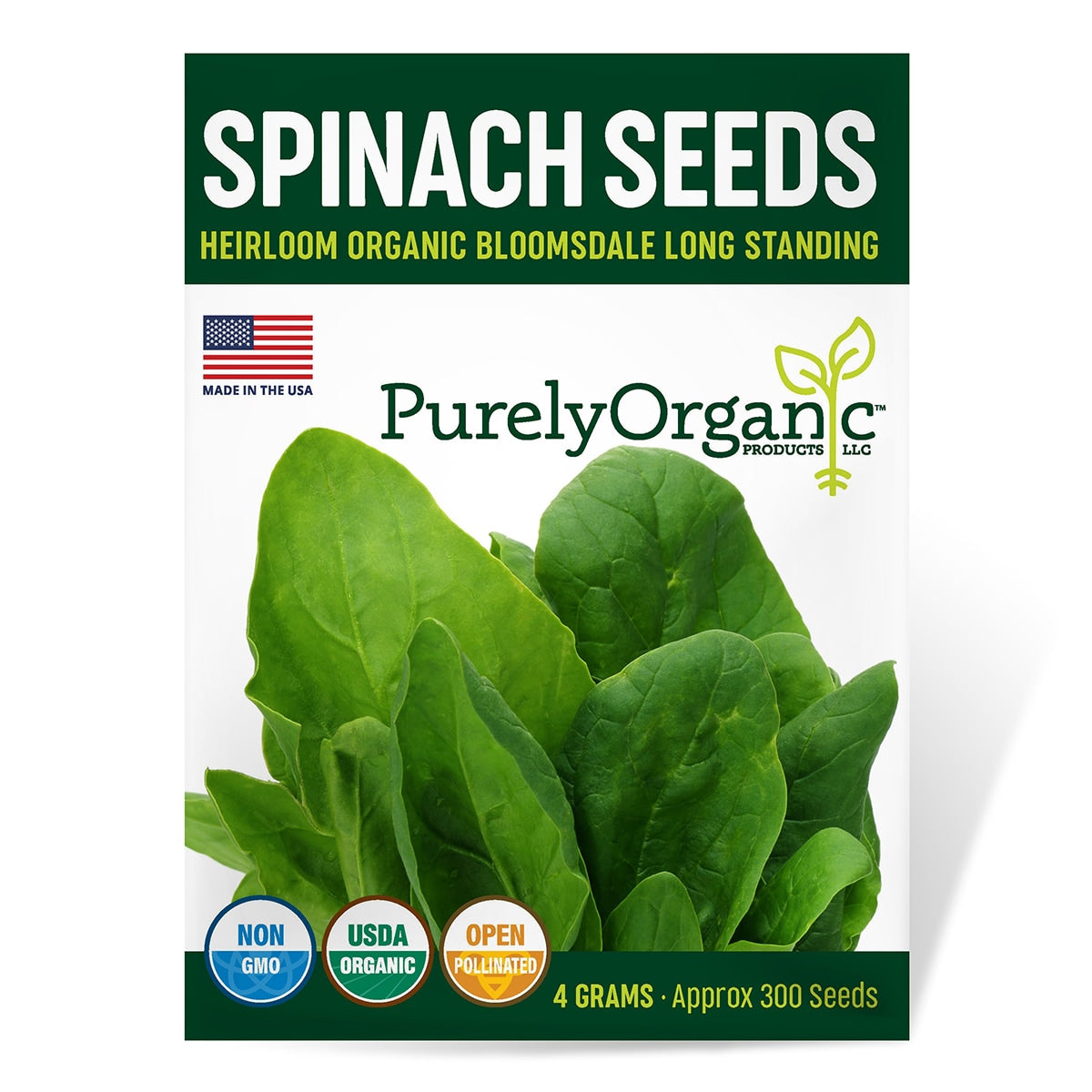 Spinach seeds package with Purely Organic branding and spinach leaves on a white background