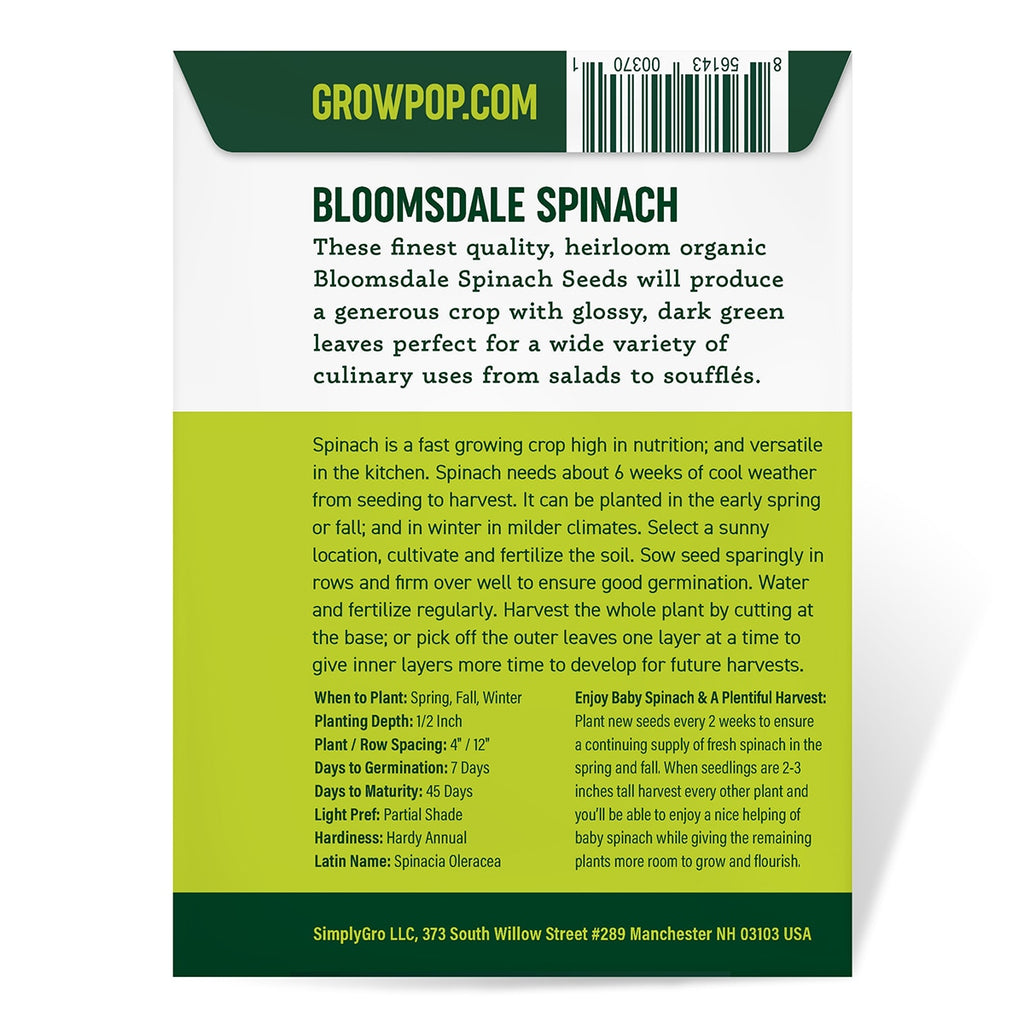 Purely Organic Bloomsdale Long Standing Spinach Seeds - USDA Organic