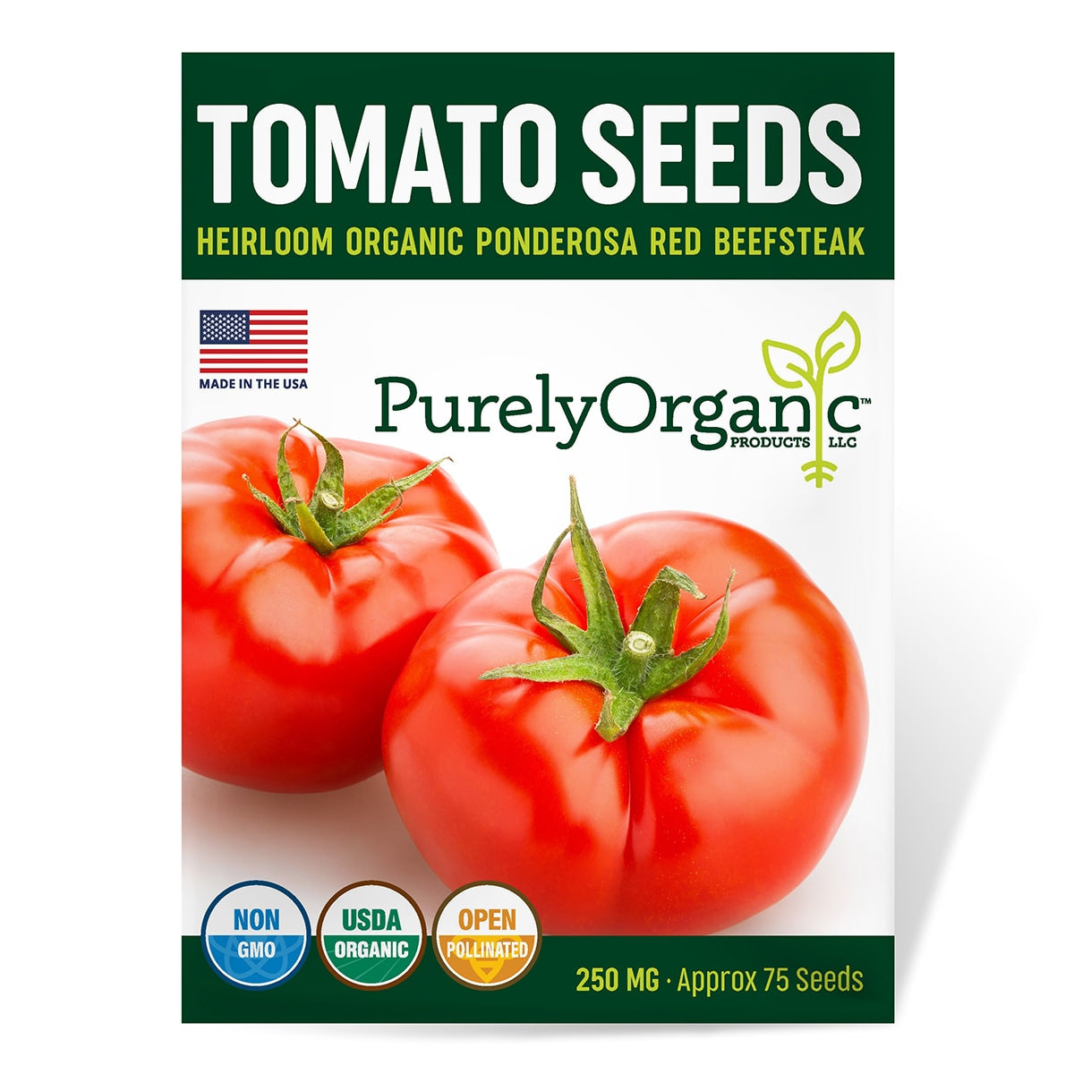 Purely Organic Tomato Seeds packaging with two tomatoes on a white background