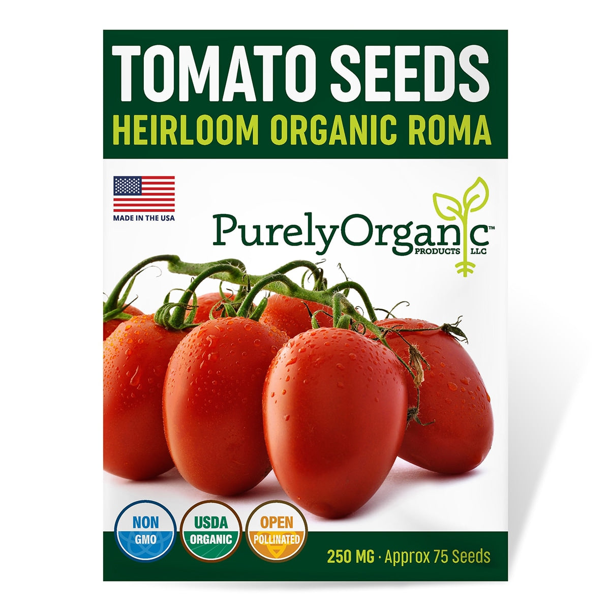 Purely Organic Tomato Seeds packaging with tomatoes on a white background