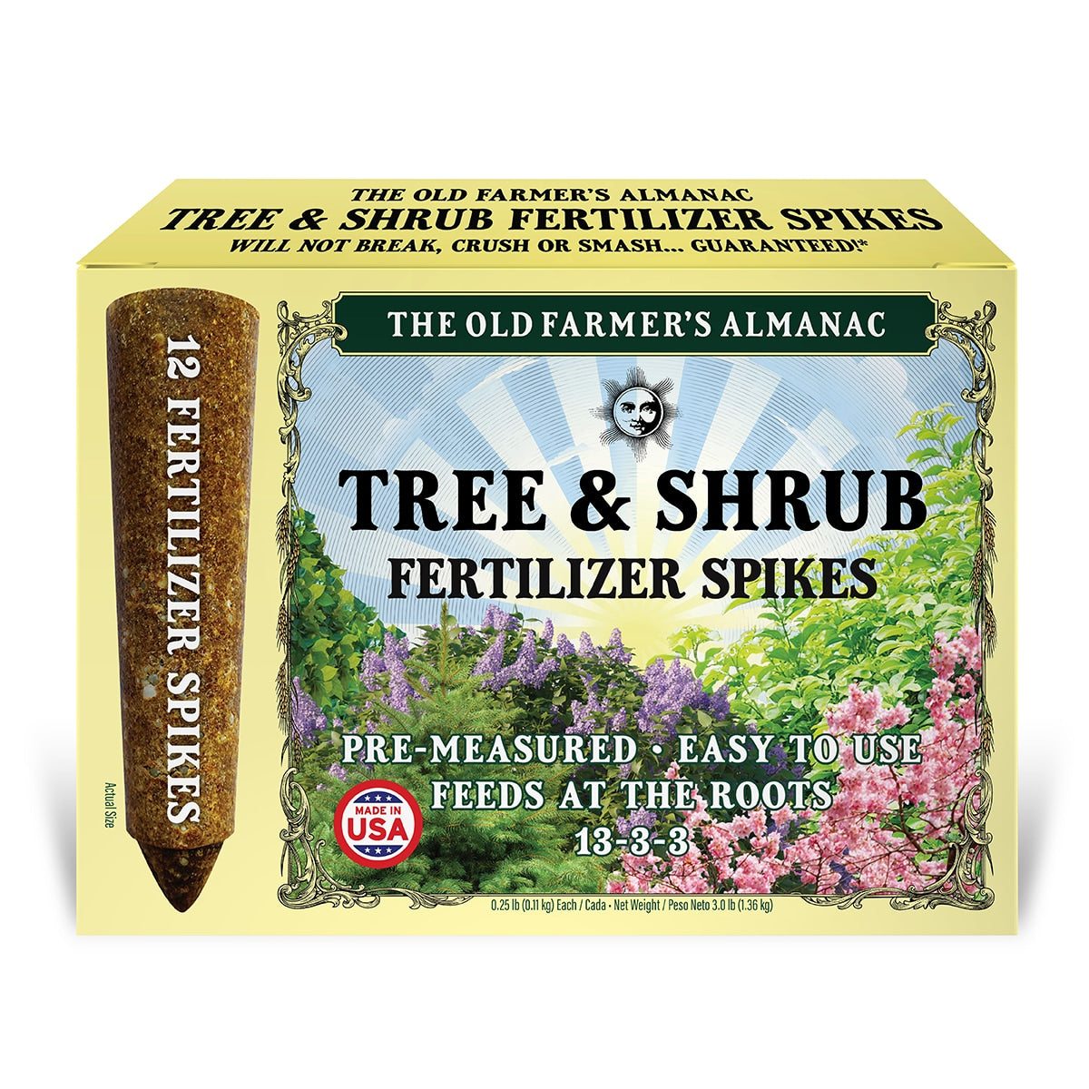 Packaging of The Old Farmer's Almanac Tree & Shrub Fertilizer Spikes 