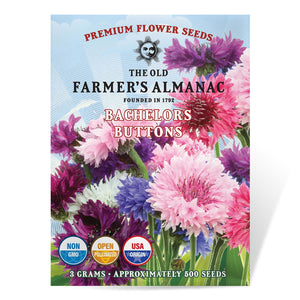 The Old Farmer's Almanac Bachelors Button Seeds - Premium Non-GMO, Open Pollinated, USA Origin, Flower Seeds