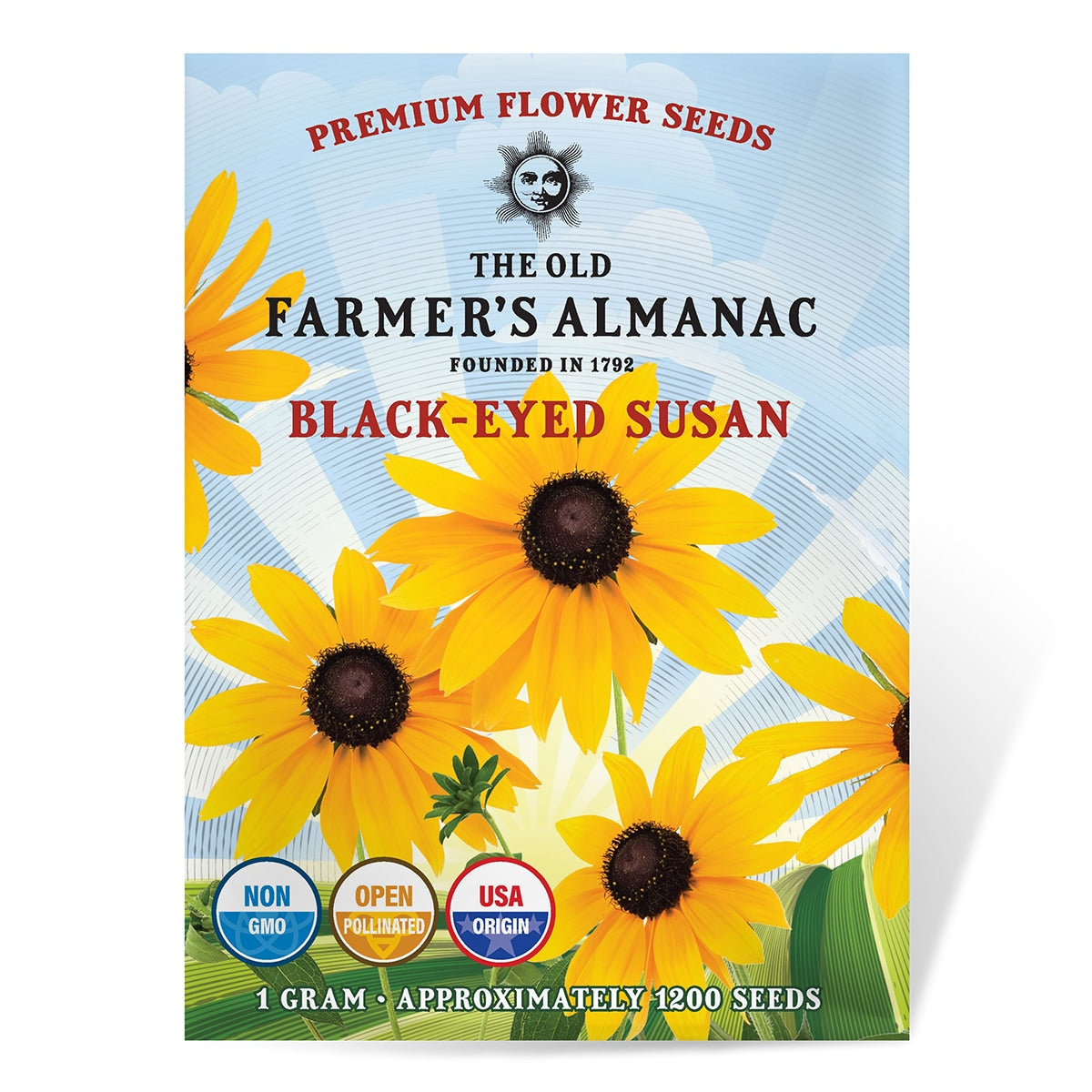 Black-eyed Susan flower seed packet from The Old Farmer's Almanac on a white background