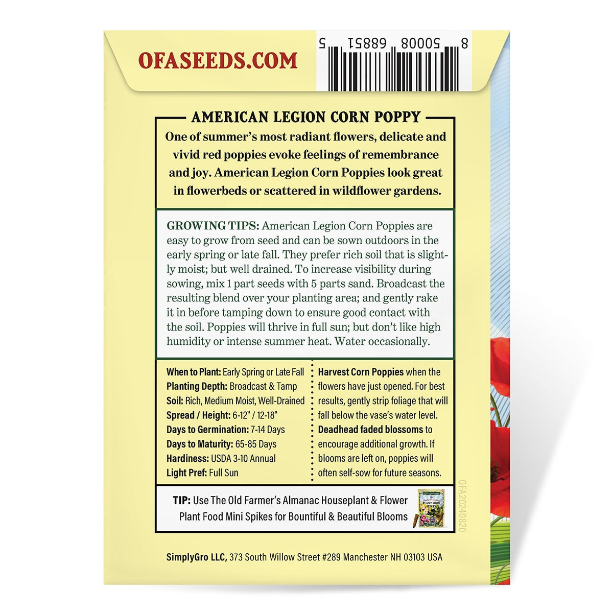 Back View of a Package of The Old Farmer's Almanac Seeds
