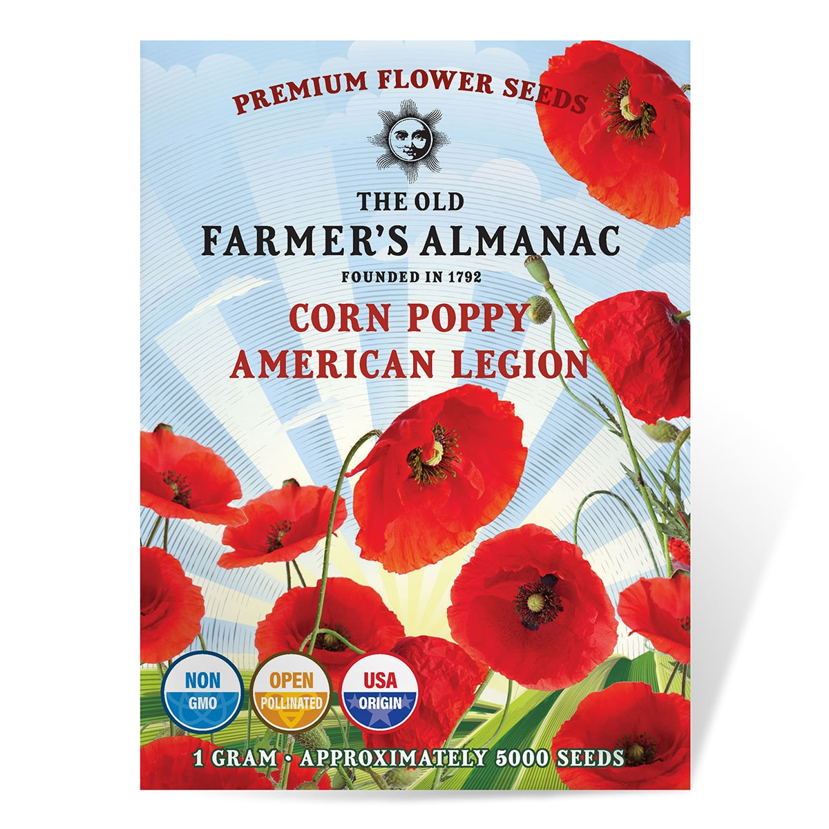 Seed packet for Corn Poppy American Legion with red flowers and 'The Old Farmer's Almanac' branding.