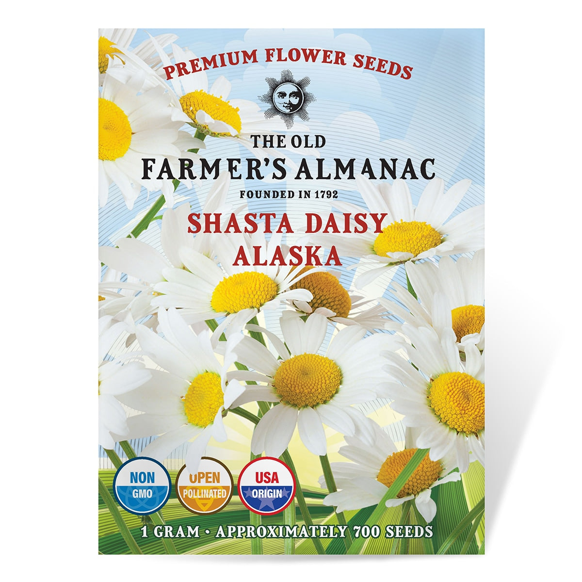 Shasta Daisy Alaska seed packet from The Old Farmer's Almanac with flowers on a blue background