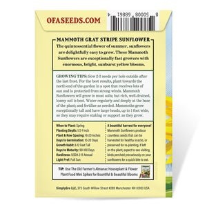 The Old Farmer's Almanac Mammoth Gray Strip Sunflower Seeds - Premium Non-GMO, Open Pollinated, USA Origin, Flower Seeds