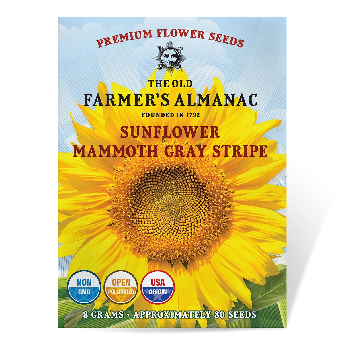 Sunflower seed packet from The Old Farmer's Almanac with a large sunflower image on a blue background.