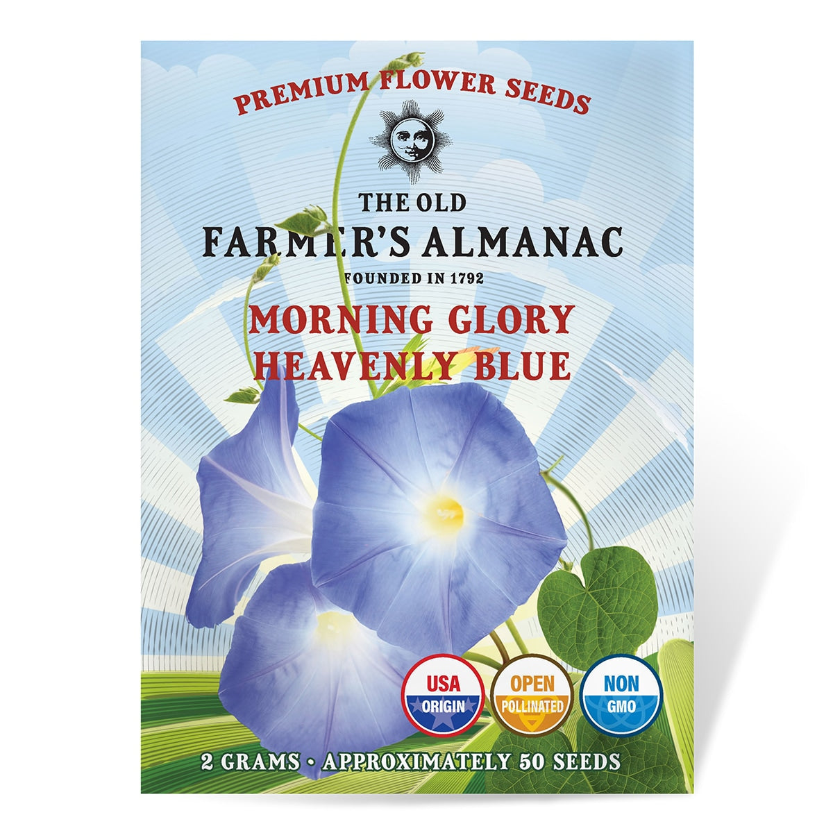 Morning glory seed packet from The Old Farmer's Almanac with blue flowers on a white background