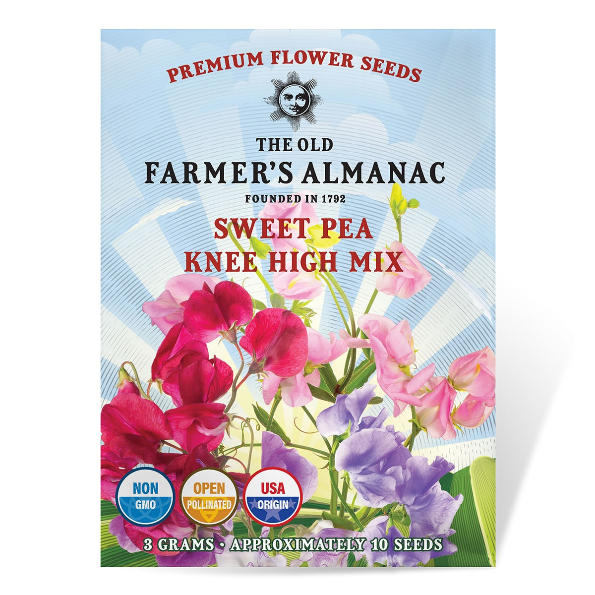 Seed packet for 'Sweet Pea Knee High Mix' from The Old Farmer's Almanac with colorful flowers on a blue background.
