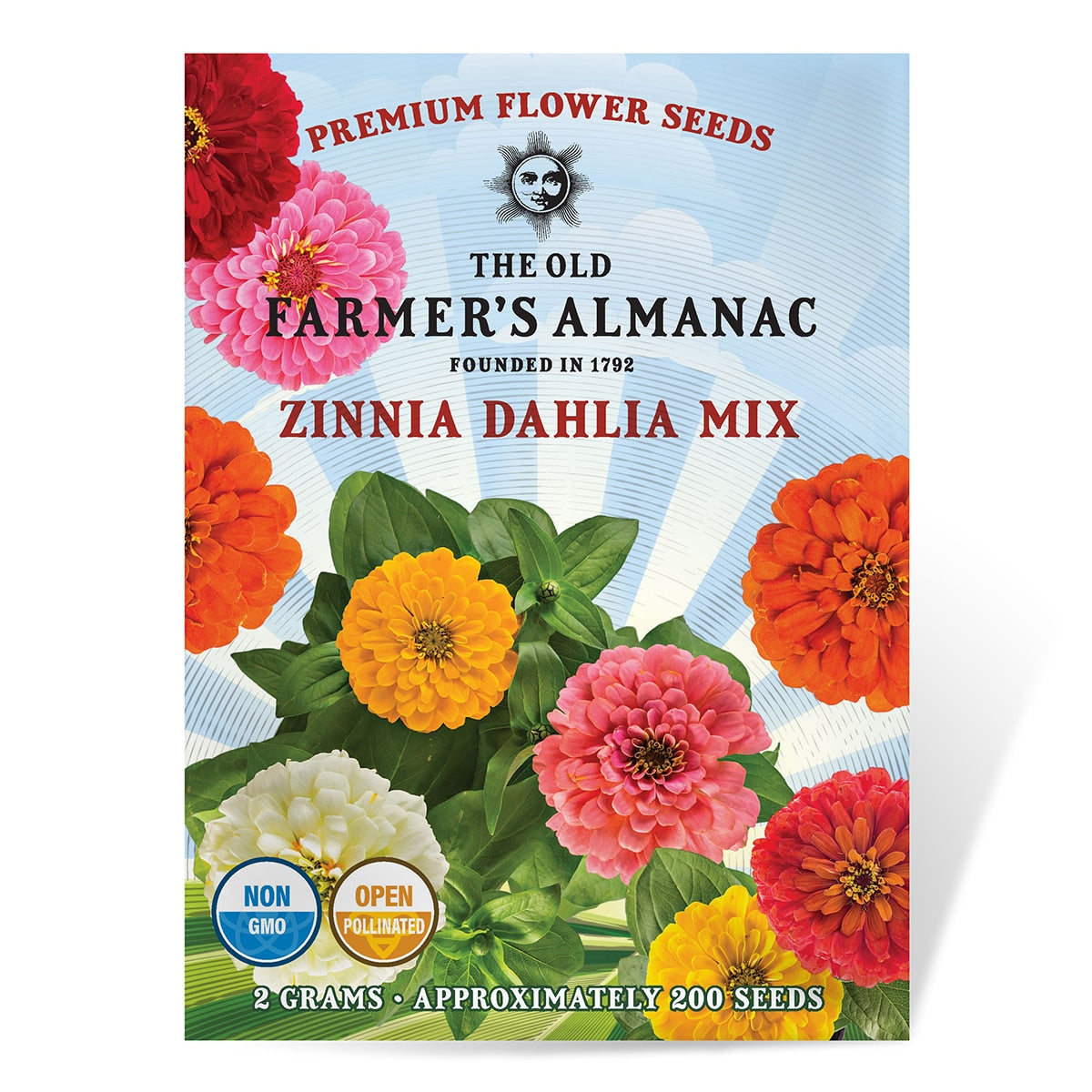 Zinnia Dahlia Mix seed packet from The Old Farmer's Almanac with colorful flowers on a blue background.