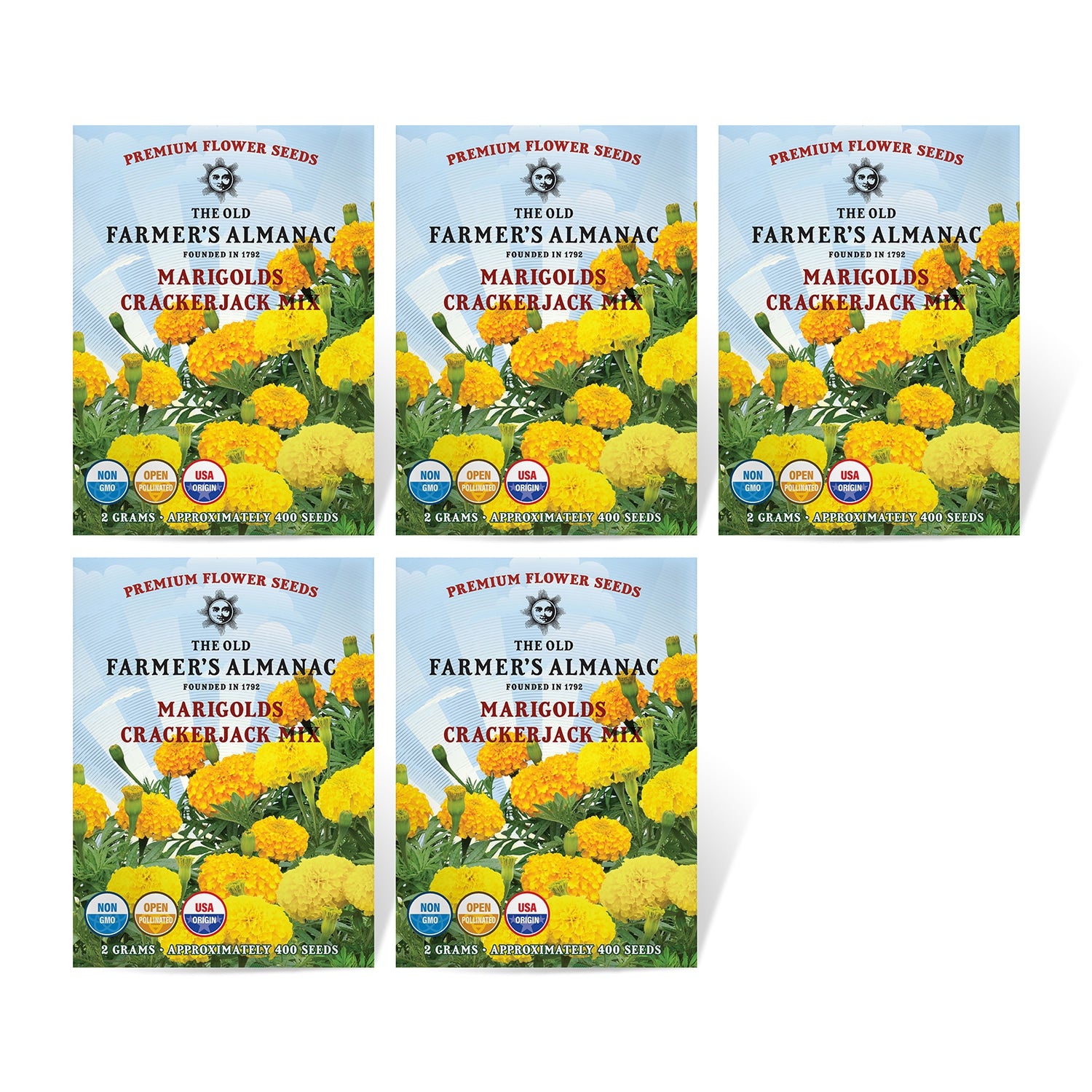 5 Pack of The Old Farmer's Almanac  Cracker Jack Marigold Seeds 