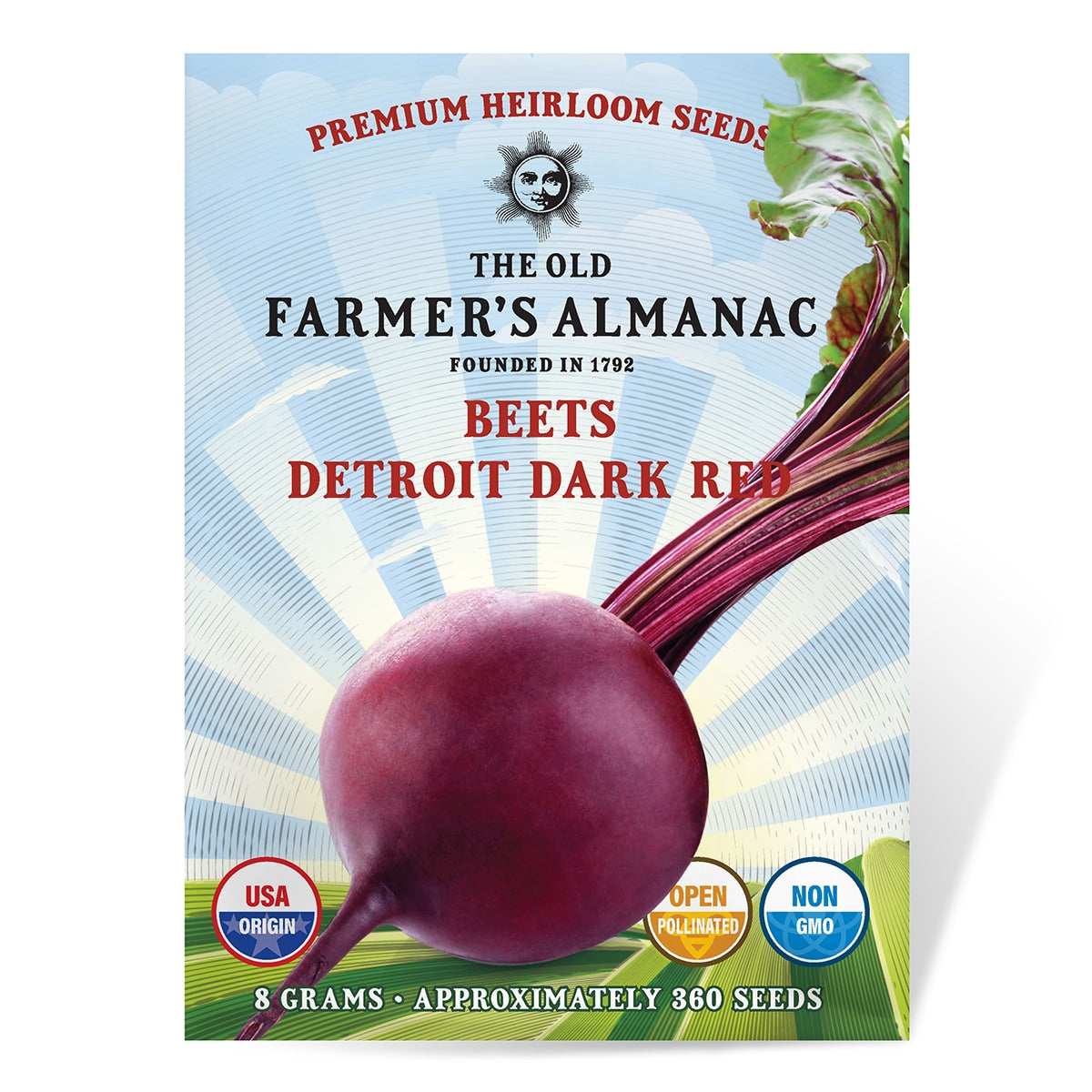 Seed packet for 'Detroit Dark Red' beets from The Old Farmer's Almanac on a white background