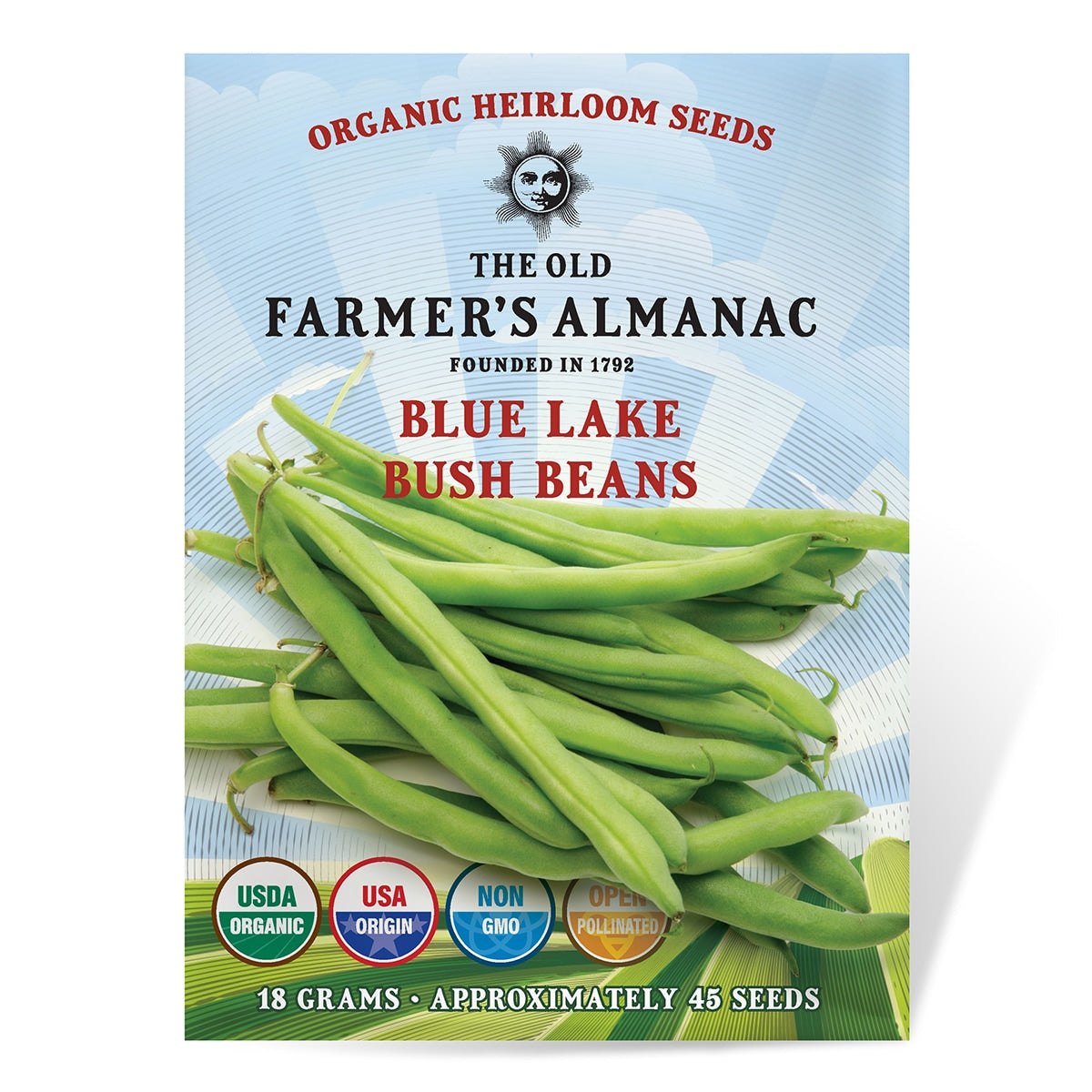 Seed packet for Blue Lake Bush Beans by The Old Farmer's Almanac with green beans on a blue background.