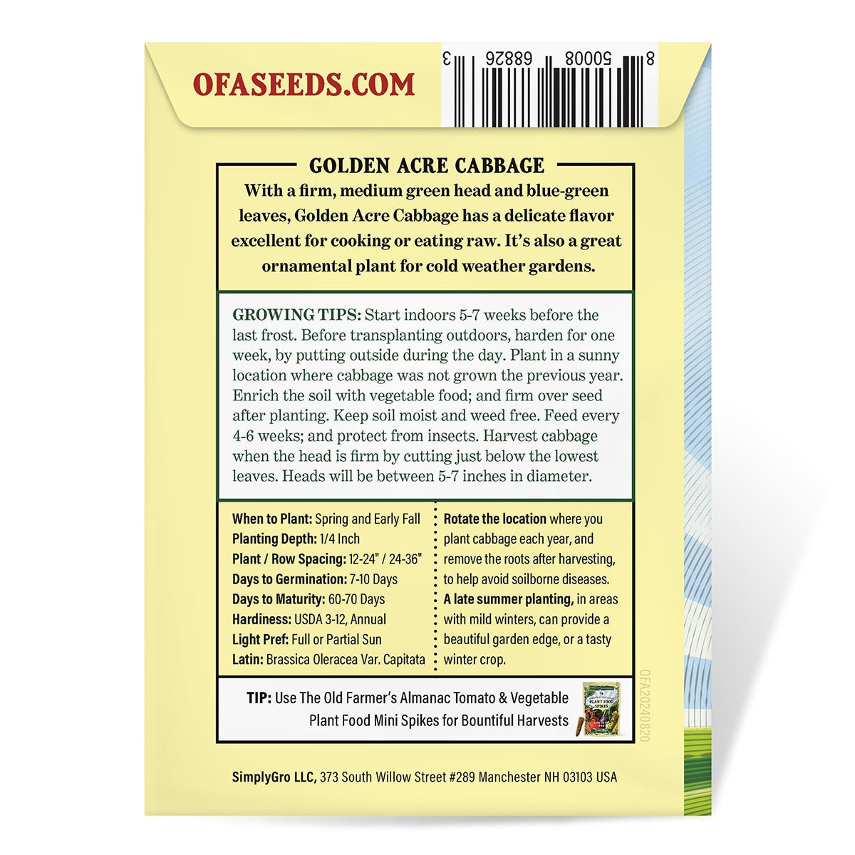 The back view of a Seed packet for 'Cabbage Golden Acre' from The Old Farmer's Almanac on a white background