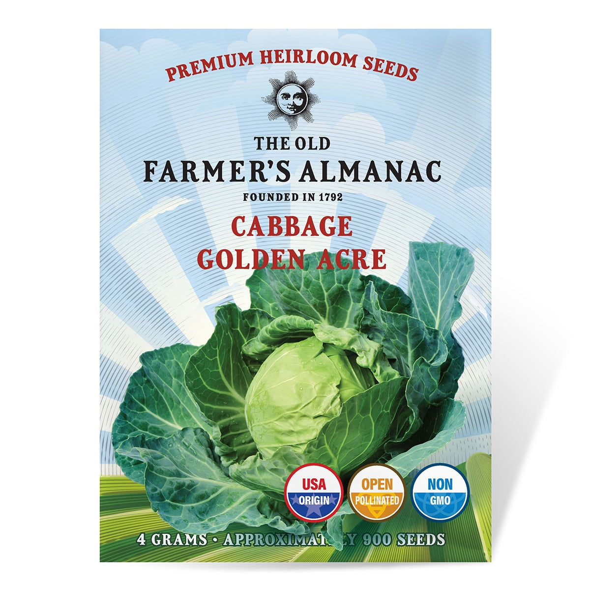 Seed packet for 'Cabbage Golden Acre' from The Old Farmer's Almanac on a white background