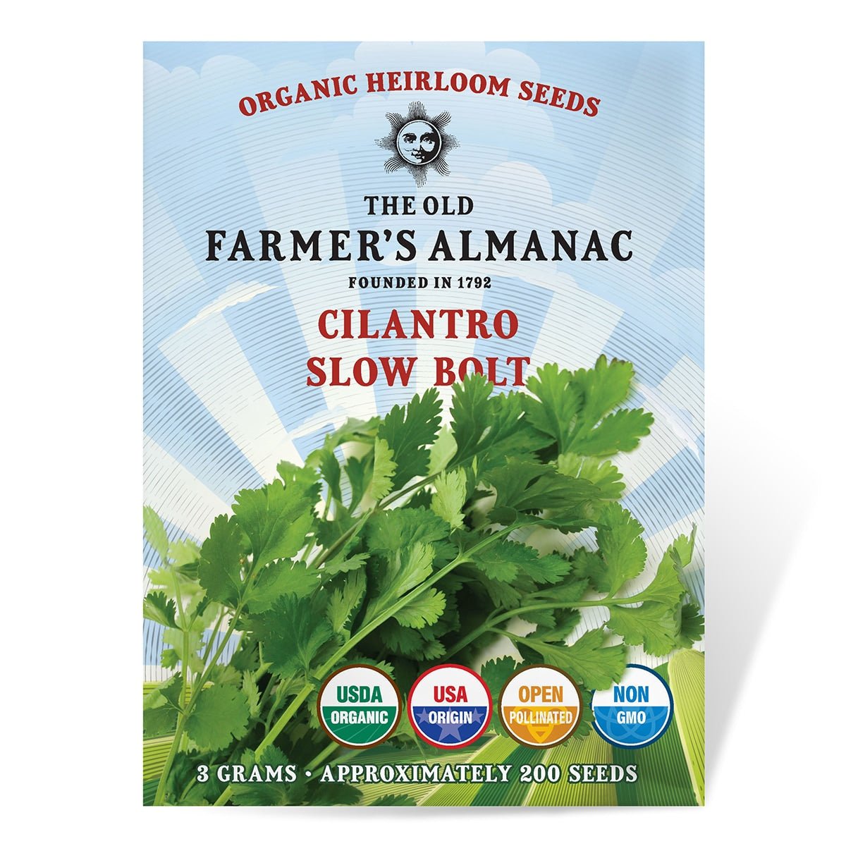Package of Organic Heirloom Seeds from The Old Farmer's Almanac featuring cilantro.