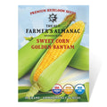 Sweet corn seed packet from The Old Farmer's Almanac with an image of corn and branding details.