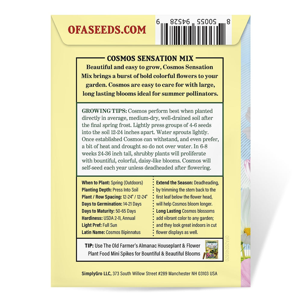 The Old Farmer's Almanac Cosmos Sensation Mix Seeds - Premium Non-GMO, Open Pollinated, Flower Seeds