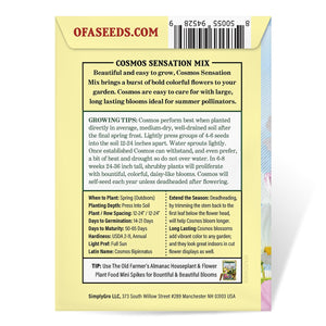 The Old Farmer's Almanac Cosmos Sensation Mix Seeds - Premium Non-GMO, Open Pollinated, Flower Seeds