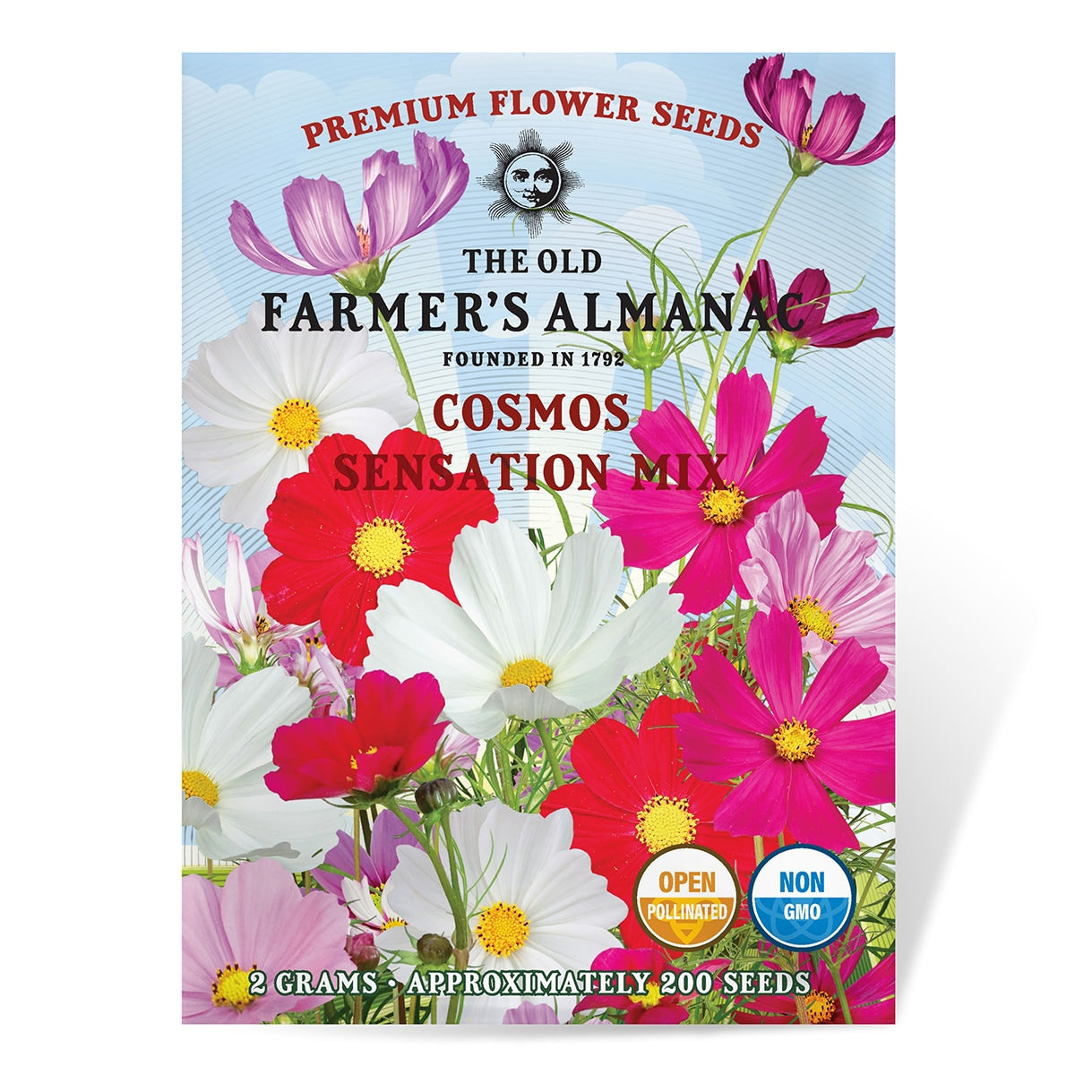 Cosmos flower seed packet from The Old Farmer's Almanac with colorful flowers on a blue background.