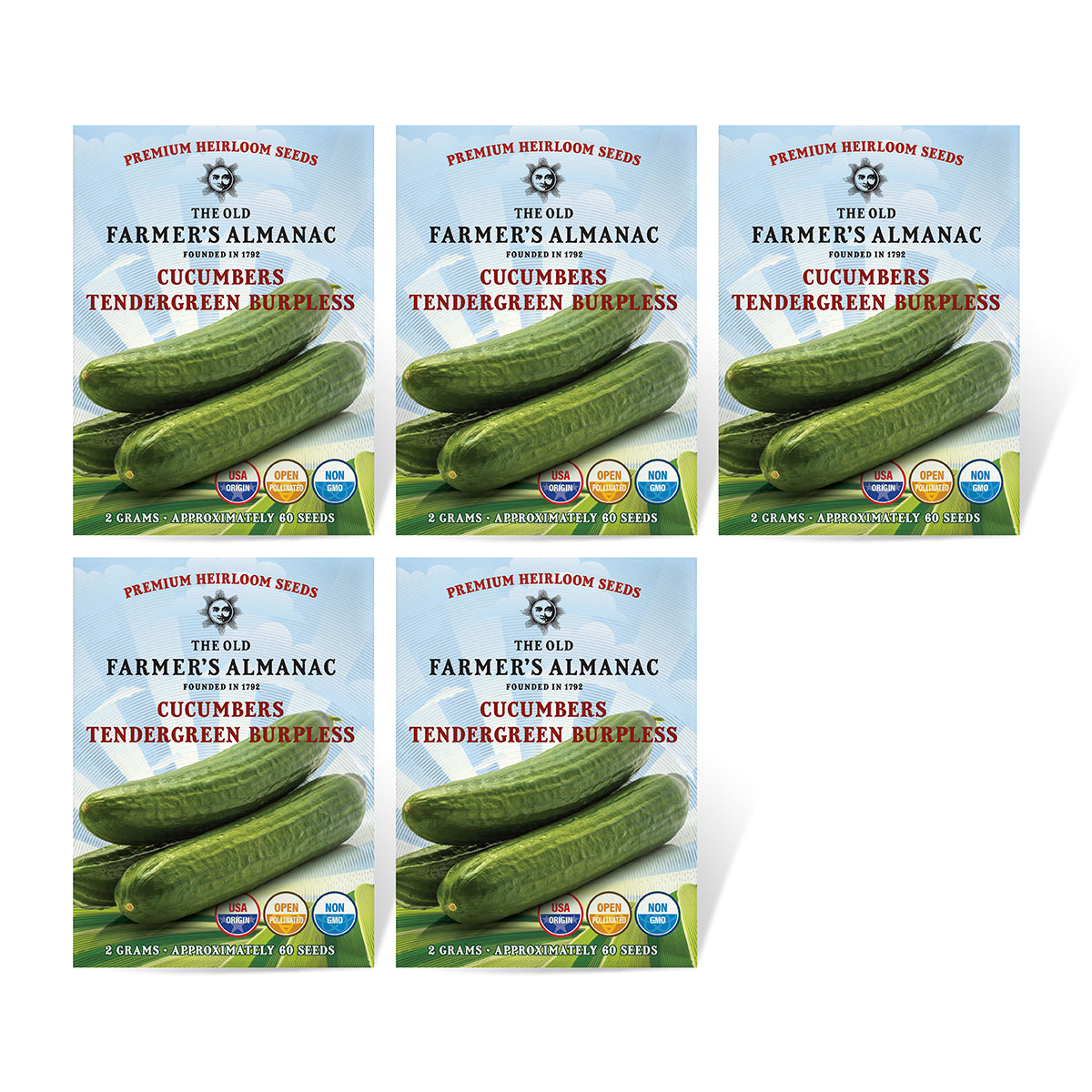 5 Pack of The Old Farmer's Almanac Heirloom Tendergreen Burpless Cucumber Seeds featuring an image of a cucumber and the text detailing the product name, type of seeds, weight, and origin.