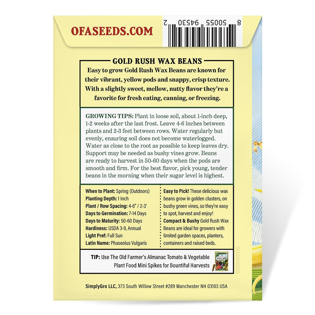 Back View of a Package of The Old Farmer's Almanac Seeds
