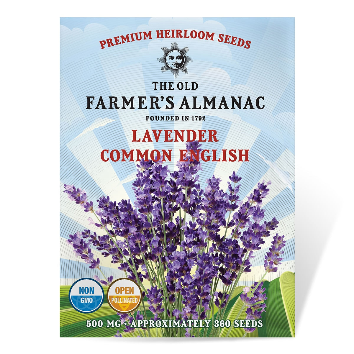 Lavender seed packet from The Old Farmer's Almanac with purple flowers on a blue and green background.