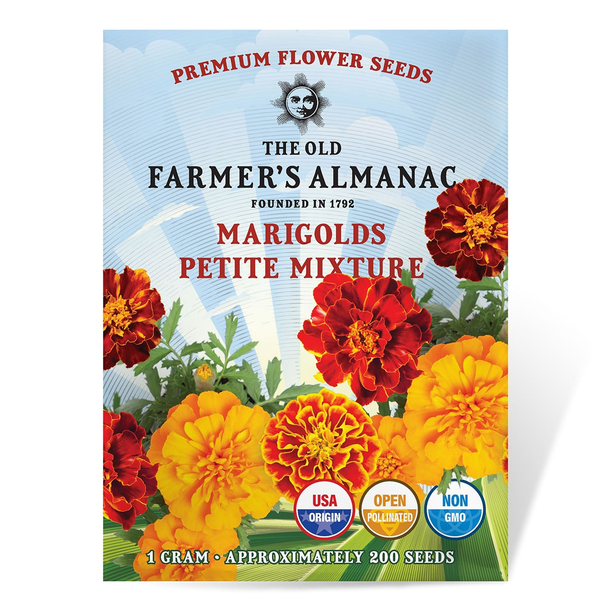 Seed packet for Marigolds Petite Mixture from The Old Farmer's Almanac with colorful marigold flowers on a blue background.