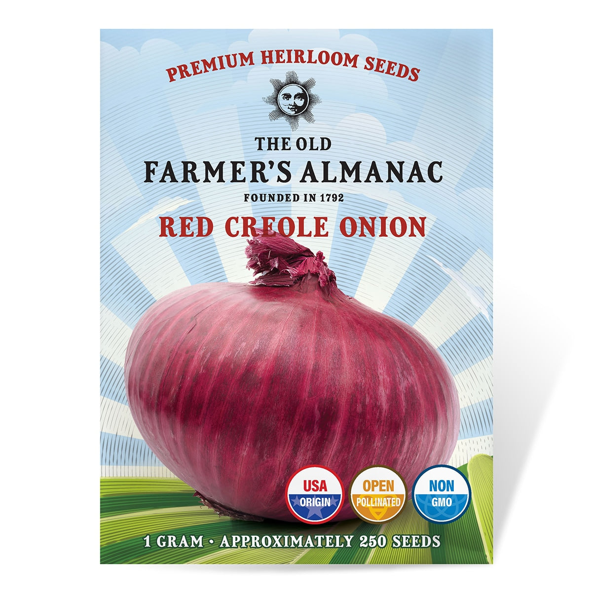 Seed packet for Red Creole Onion from The Old Farmer's Almanac with a large red onion on the cover.