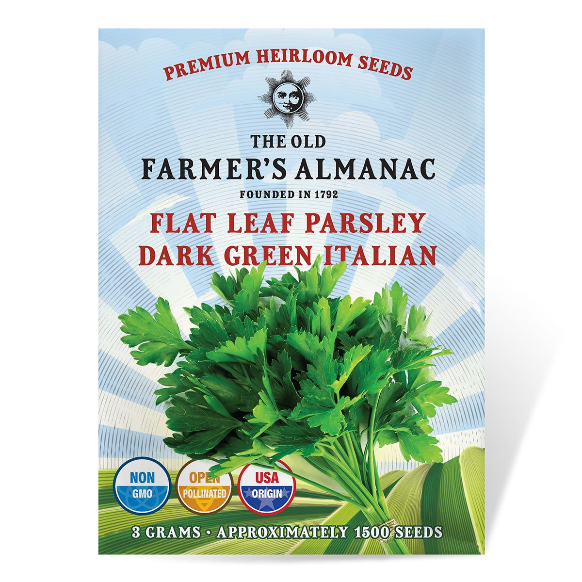 Seed packet for Flat Leaf Parsley from The Old Farmer's Almanac on a white background