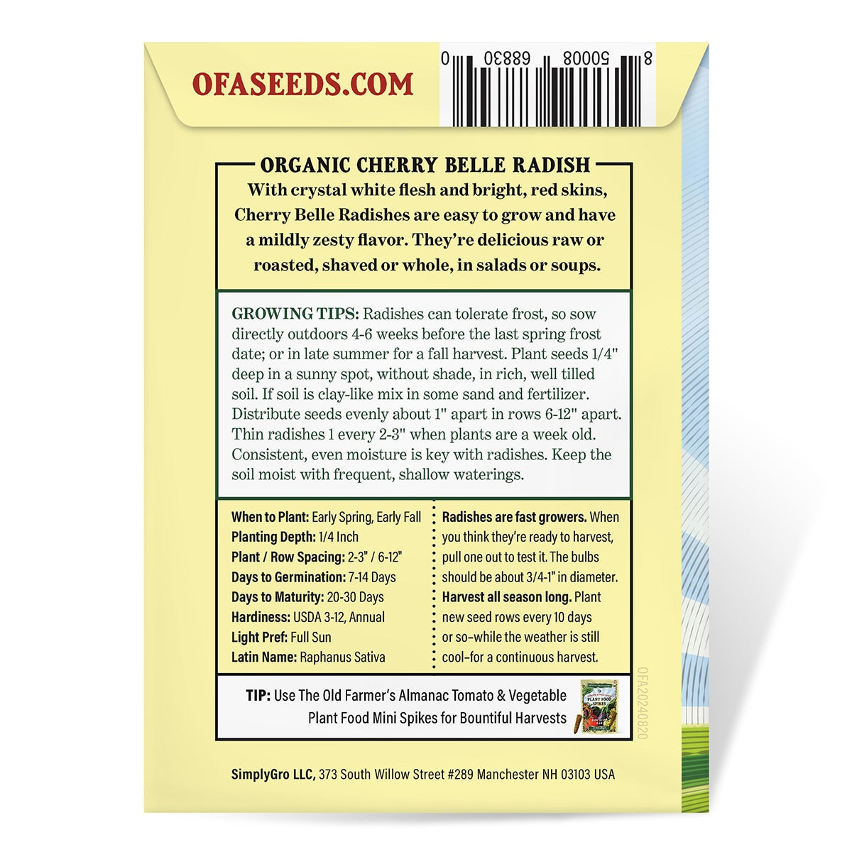 The back View of Seed packet for Radish Cherry Belle from The Old Farmer's Almanac with radishes and branding details.