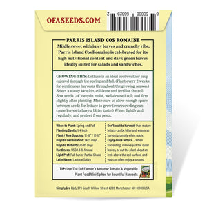 The Old Farmer's Almanac Heirloom Paris Island Cos Romaine Lettuce Seeds - Premium Non-GMO, Open Pollinated, USA Origin, Vegetable Seeds